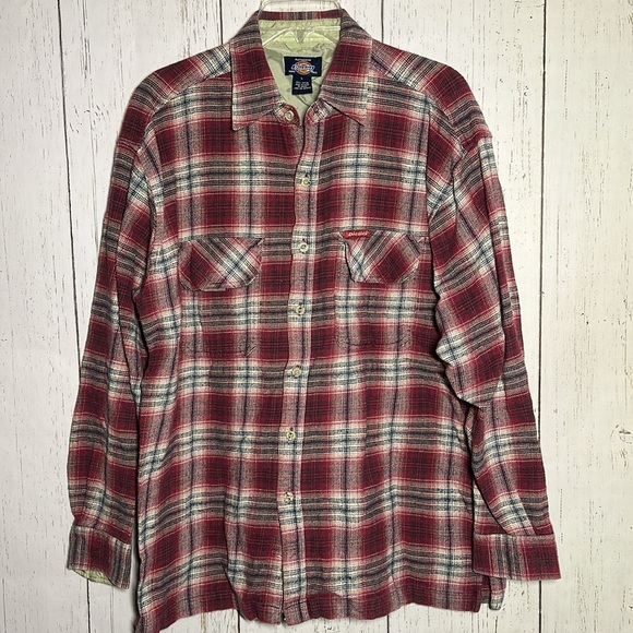 Dickies Authentic Red Black Cream Button Down Flannel 100% Cotton Size Large - Picture 1 of 4